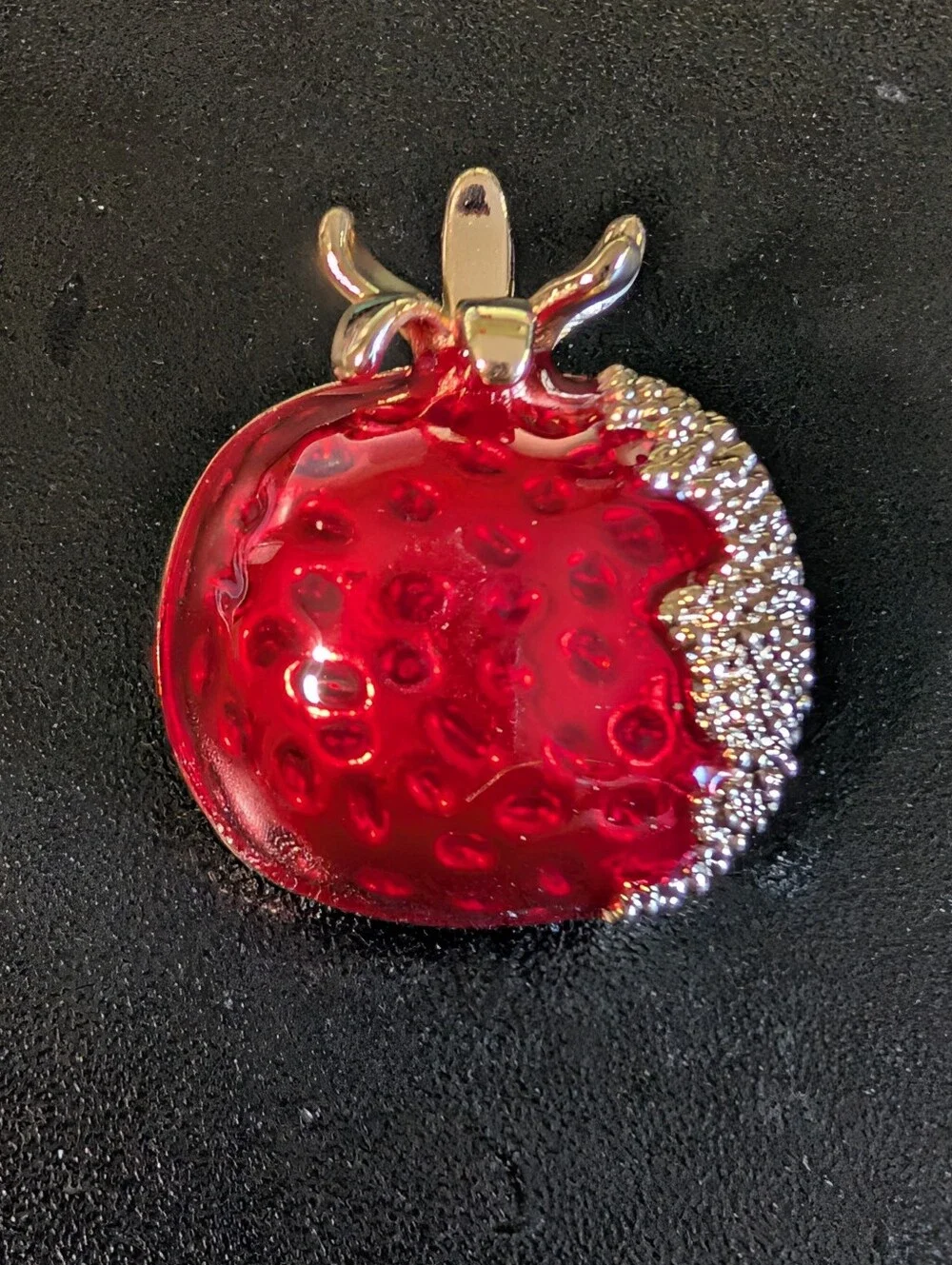 Red Pomegranate Brooch Gold Tone Rhinestone Fruit Statement Pin